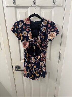 Aqua Navy Floral Tie-Front Mini Dress
